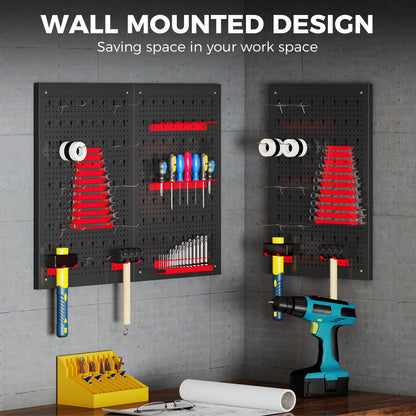28 Pcs Wall-Mounted Pegboard with Hooks and Storage Shelves, 3 Panels Set Garage DIY Storage Unit Black and Red