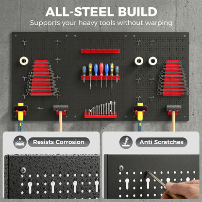 28 Pcs Wall-Mounted Pegboard with Hooks and Storage Shelves, 3 Panels Set Garage DIY Storage Unit Black and Red