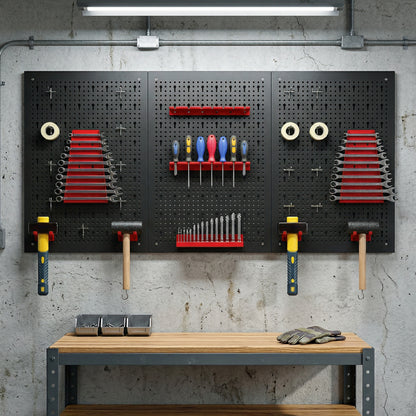 28 Pcs Wall-Mounted Pegboard with Hooks and Storage Shelves, 3 Panels Set Garage DIY Storage Unit Black and Red