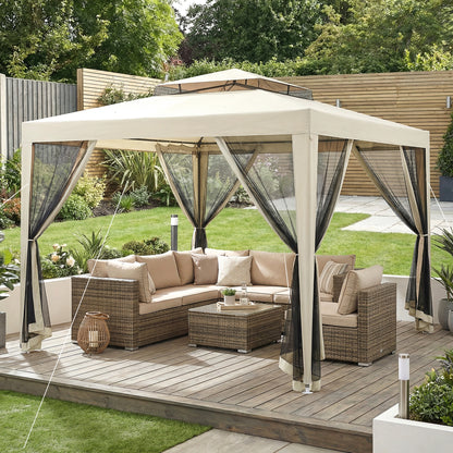 3 x 3 m Gazebo, Netting Party Tent w/ Double Tier Roof, Beige