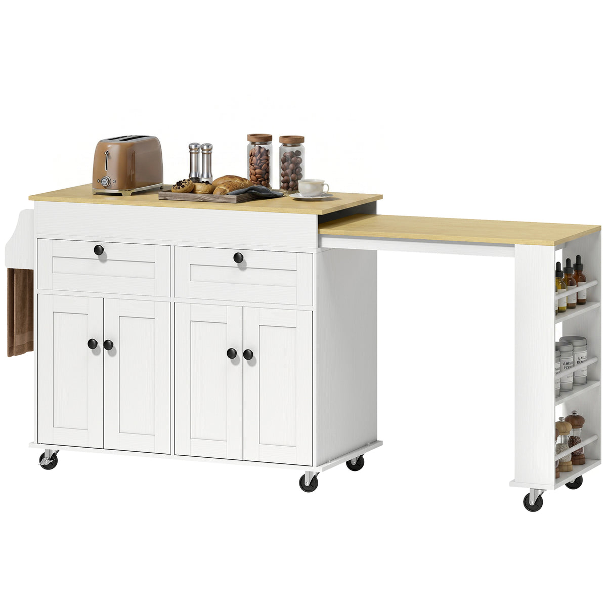 Extendable Kitchen Island with Storage, Wheels and USB Charging - White & Oak Effect