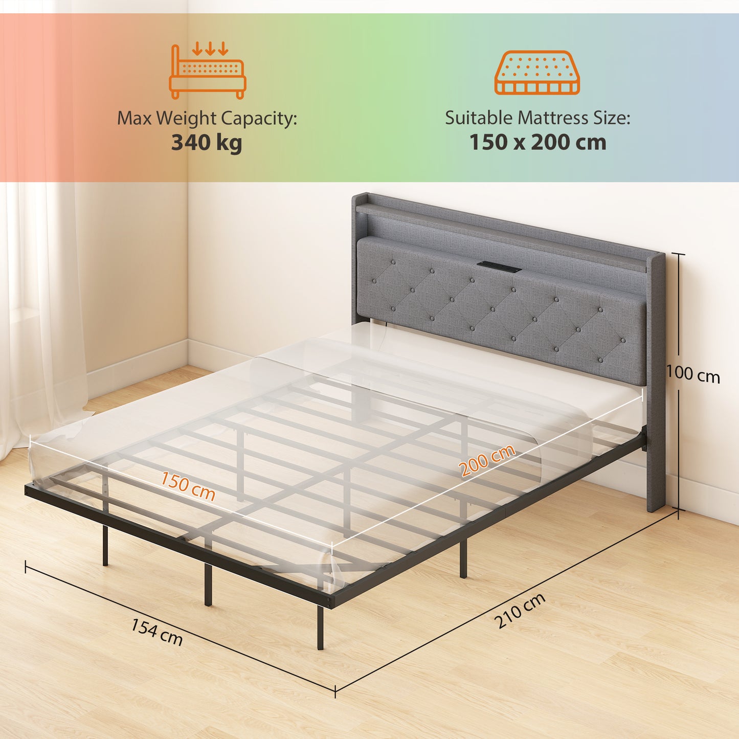 Floating Bed Frame with RGB Lights, Upholstered King Size Bed, Grey