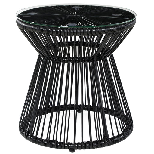 Round End Table, Rattan Side Table, Hollow Drum Design Coffee Table w/ Glass Tabletop for Patio, Garden, Balcony Black