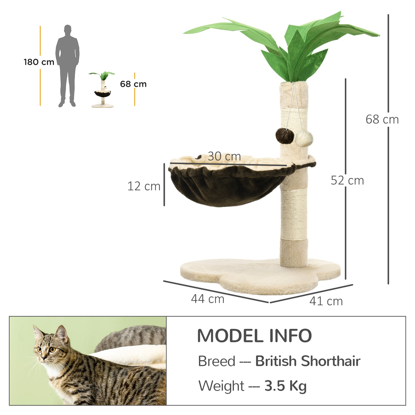68cm Cat Tower Palm Tree Shaped Cat Tree w/ Hammock - Beige