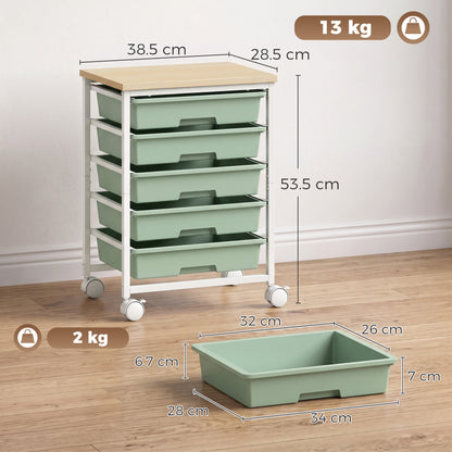 6-Tier Storage Trolley on Wheels with 5 Pull-Out Drawers, Green