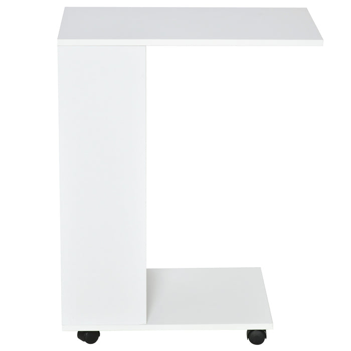 Mobile Sofa Side Table C-Shape End Table with Storage and Casters for Laptop Coffee Snack, White