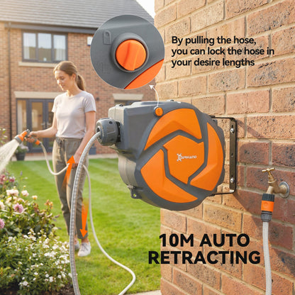 DURHAND 10m Garden Hose Reel Wall Mounted Auto Rewind with 7 Patterns Spray Nozzle, Includes Wall Fixings, Dark Grey and Orange