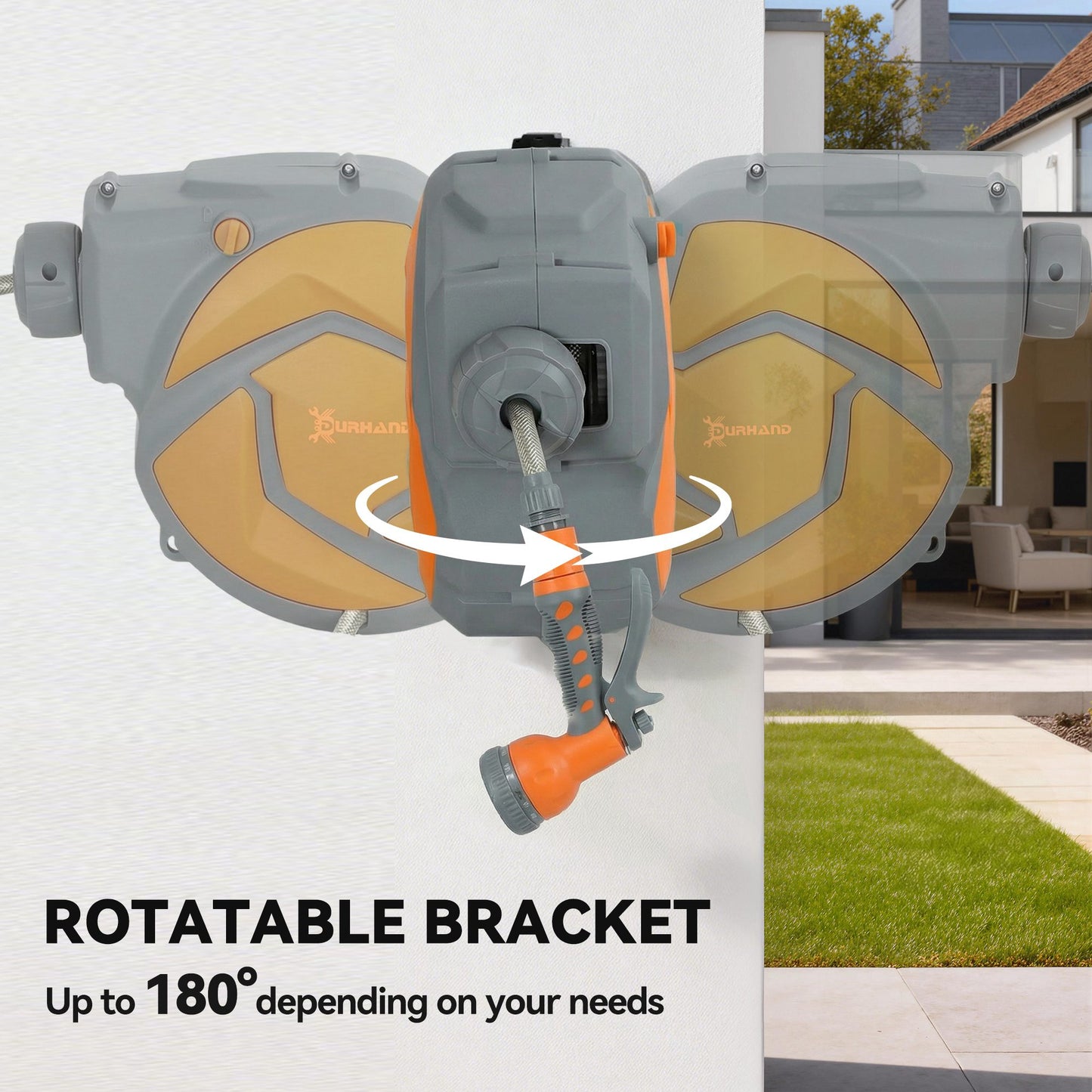 DURHAND 10m Garden Hose Reel Wall Mounted Auto Rewind with 7 Patterns Spray Nozzle, Includes Wall Fixings, Dark Grey and Orange