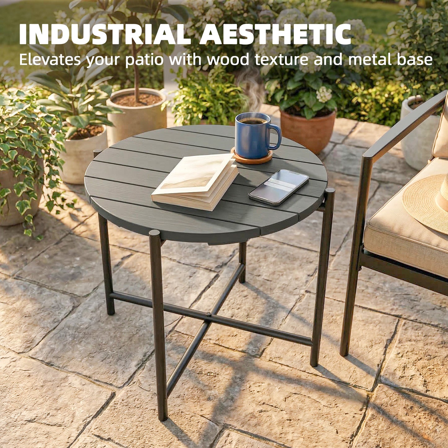54 cm Round Garden Table, Slatted Wood Top Outdoor Table, Dark Grey