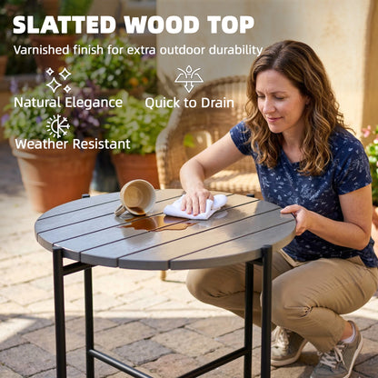 54 cm Round Garden Table, Slatted Wood Top Outdoor Table, Dark Grey