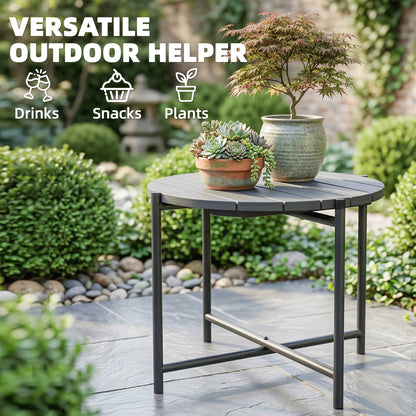 54 cm Round Garden Table, Slatted Wood Top Outdoor Table, Dark Grey