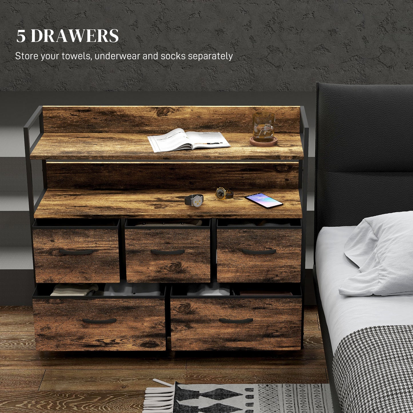 Bedroom Chest of Drawers 5 Drawer Dresser w/ Shelves, Rustic Brown