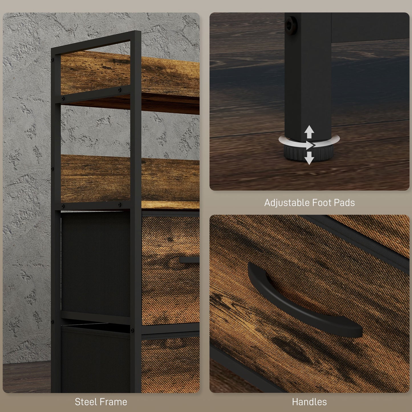 Bedroom Chest of Drawers 5 Drawer Dresser w/ Shelves, Rustic Brown