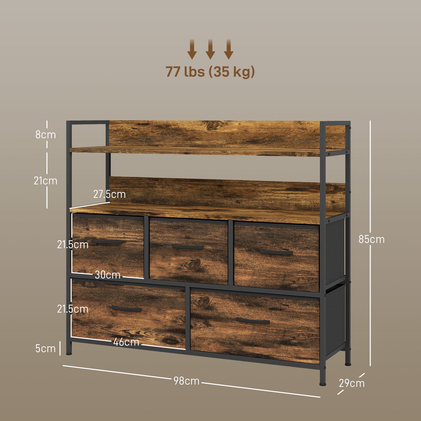 Bedroom Chest of Drawers 5 Drawer Dresser w/ Shelves, Rustic Brown