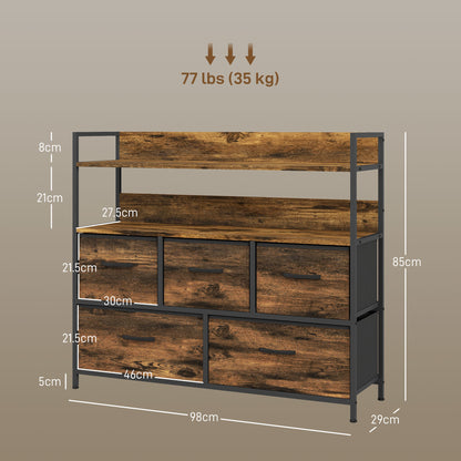Bedroom Chest of Drawers 5 Drawer Dresser w/ Shelves, Rustic Brown