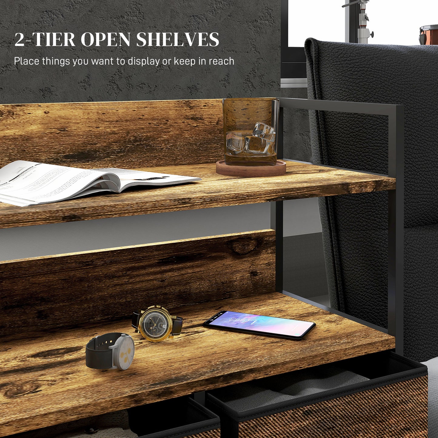 Bedroom Chest of Drawers 5 Drawer Dresser w/ Shelves, Rustic Brown