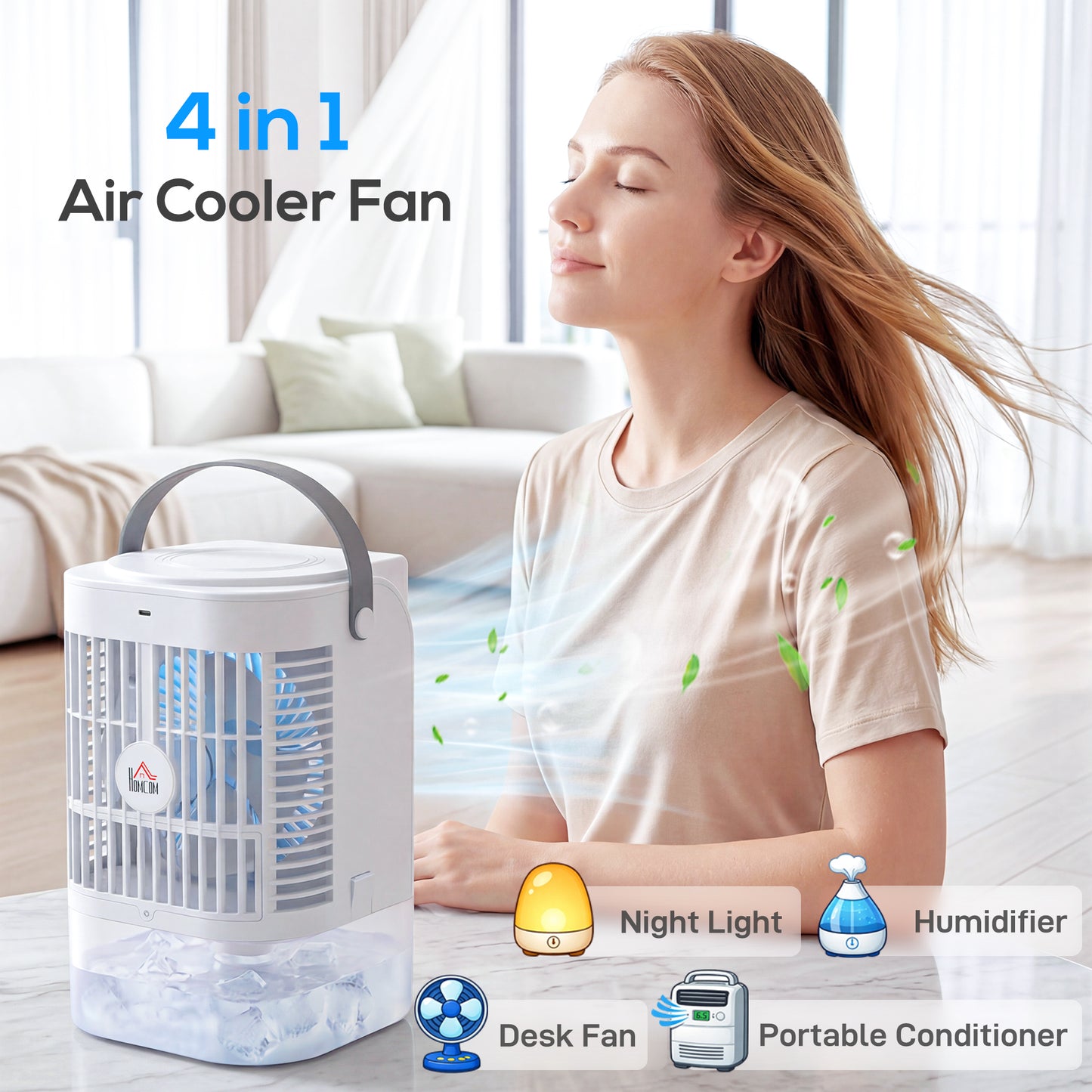 4-in-1 Mini Air Cooler with RGB 7 LED Light, Cooling Fan, White