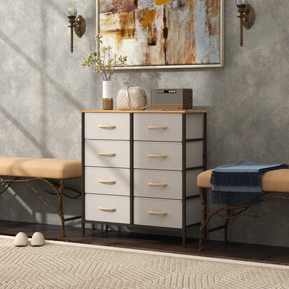 8 Drawer Fabric Chest of Drawers w/ Wooden Top for Hallway Cream