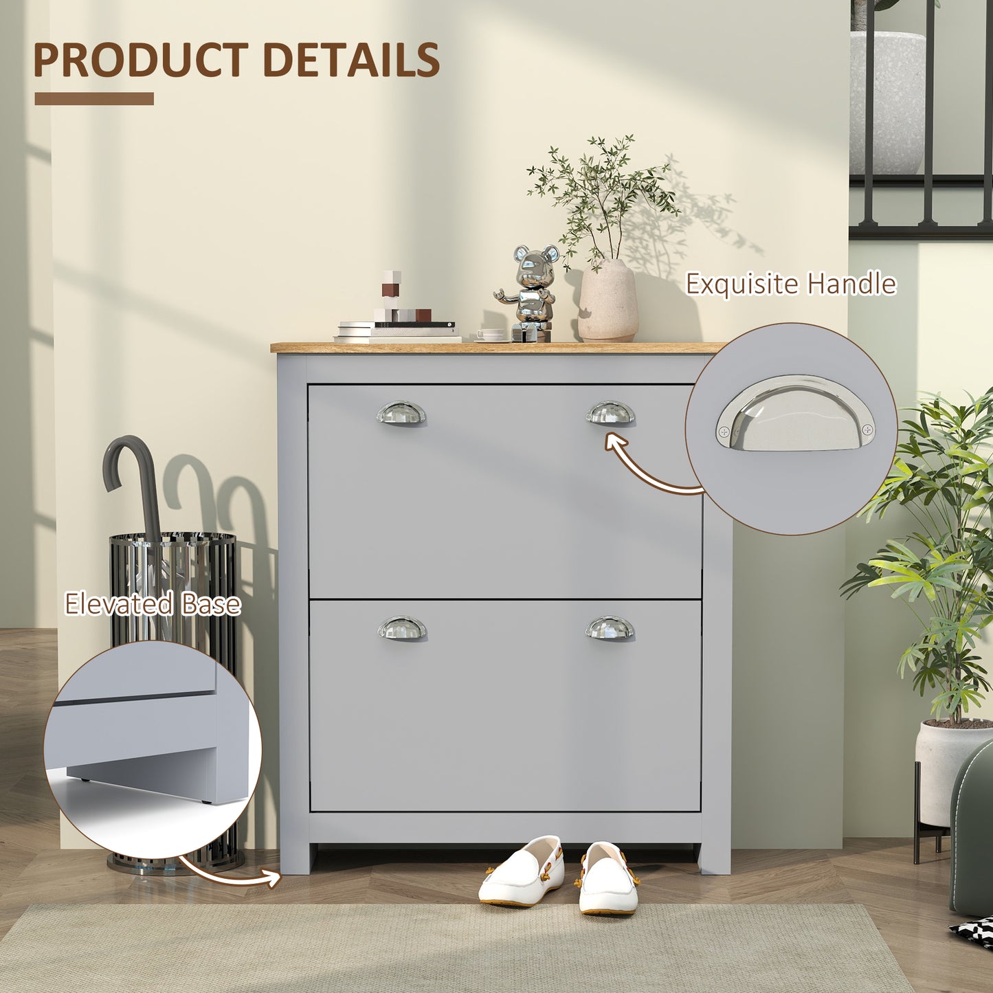 2 Drawer Shoe Cabinet Narrow Shoe Cupboard with Flip Doors, Grey