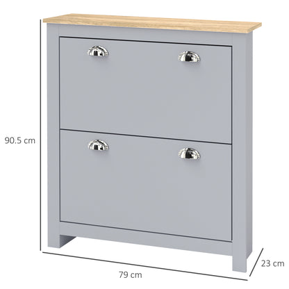 2 Drawer Shoe Cabinet Narrow Shoe Cupboard with Flip Doors, Grey
