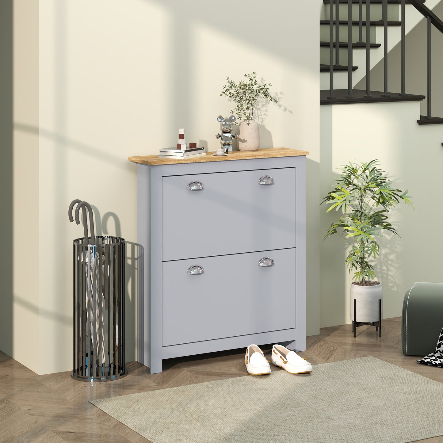 2 Drawer Shoe Cabinet Narrow Shoe Cupboard with Flip Doors, Grey