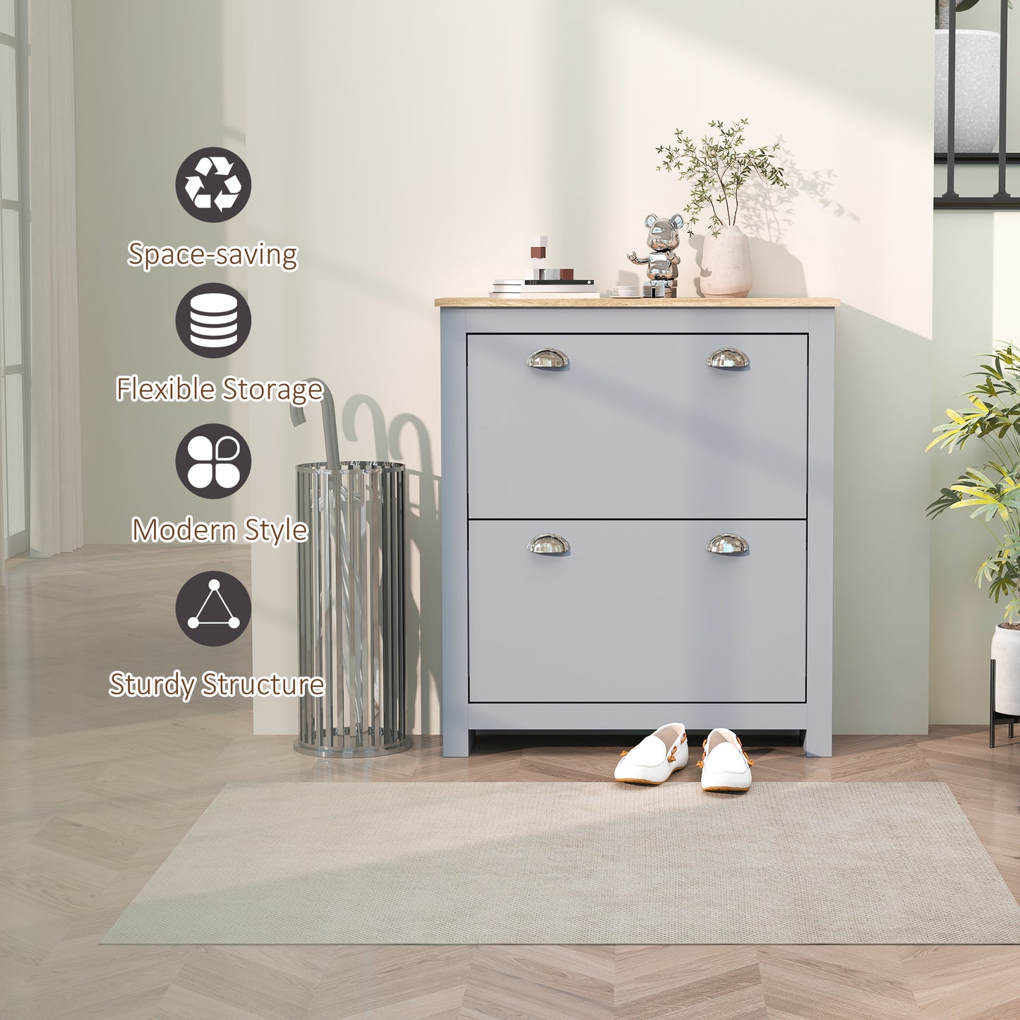 2 Drawer Shoe Cabinet Narrow Shoe Cupboard with Flip Doors, Grey