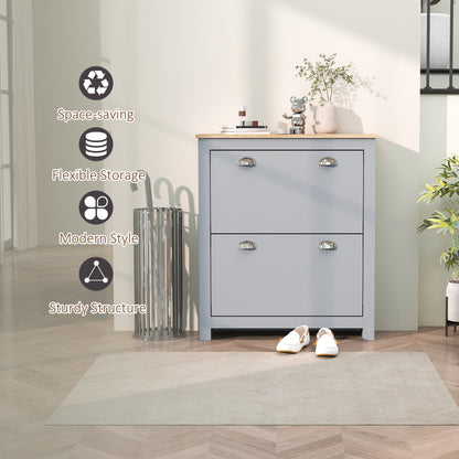 2 Drawer Shoe Cabinet Narrow Shoe Cupboard with Flip Doors, Grey