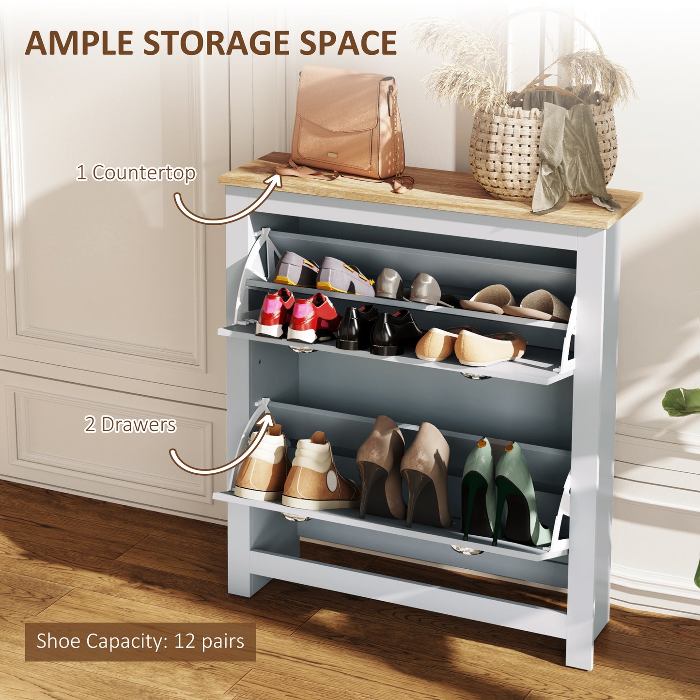 2 Drawer Shoe Cabinet Narrow Shoe Cupboard with Flip Doors, Grey