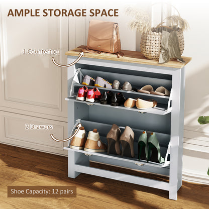2 Drawer Shoe Cabinet Narrow Shoe Cupboard with Flip Doors, Grey