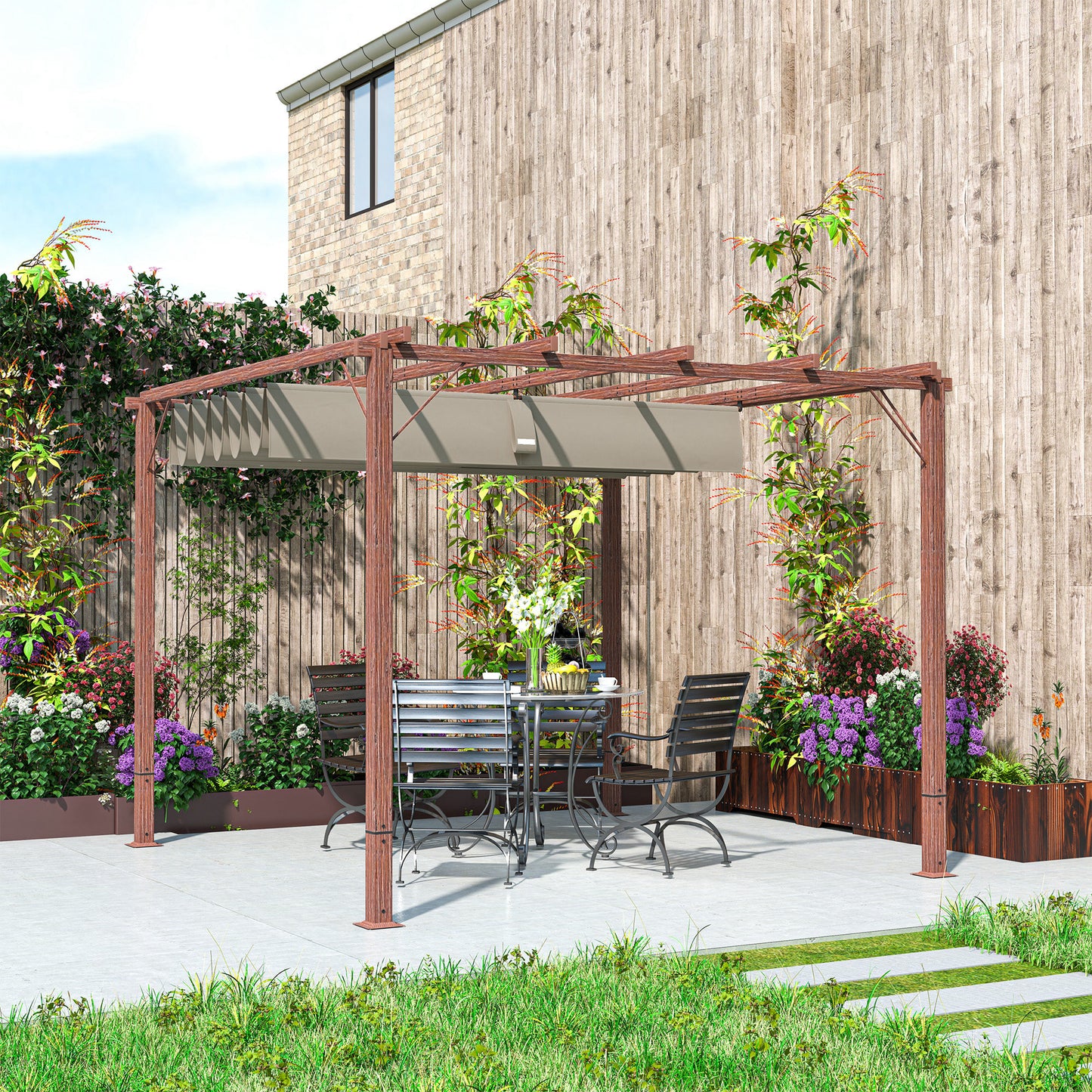 3 x 3(m) Aluminium Garden Pergola with Retractable Roof, Natural