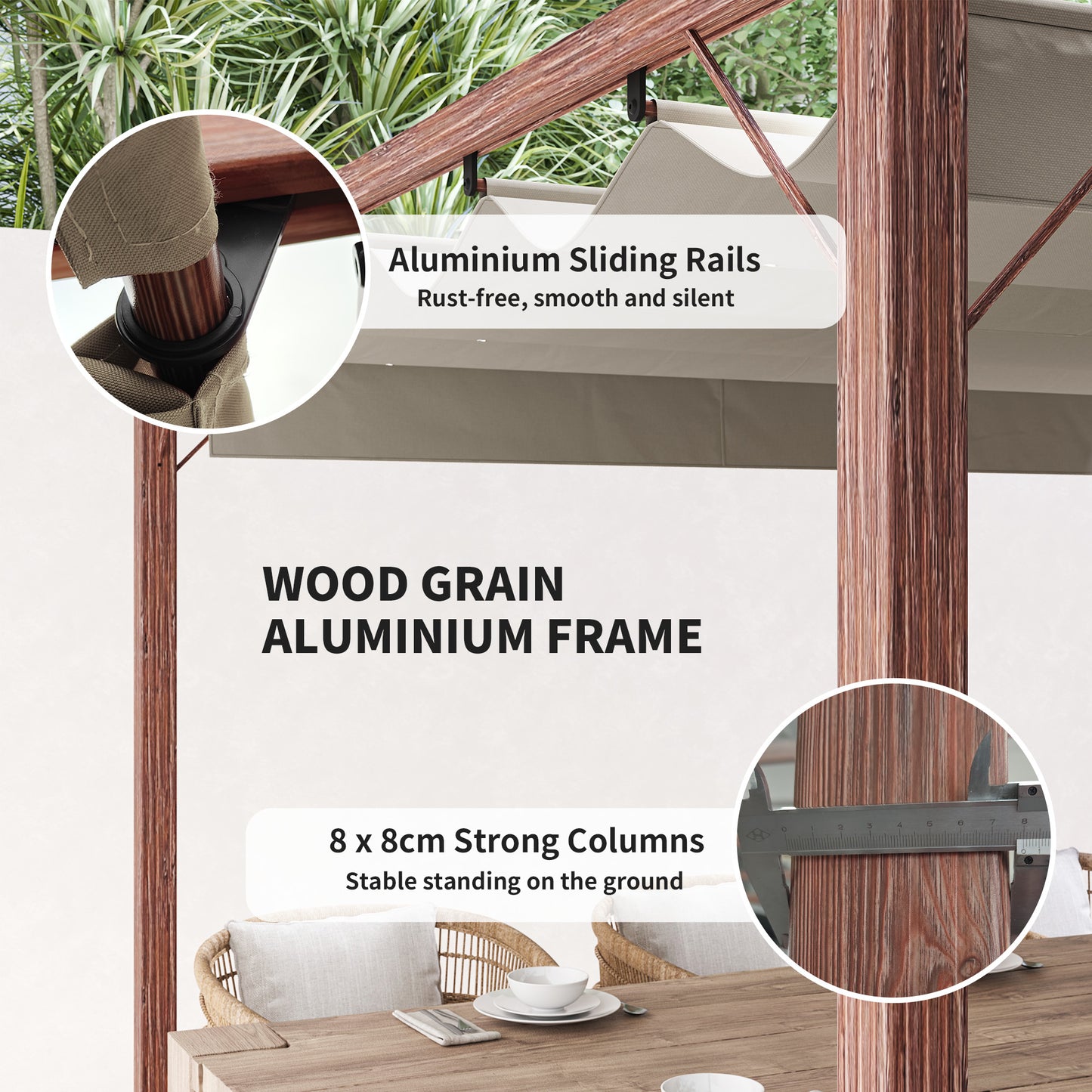 3 x 3(m) Aluminium Garden Pergola with Retractable Roof, Natural