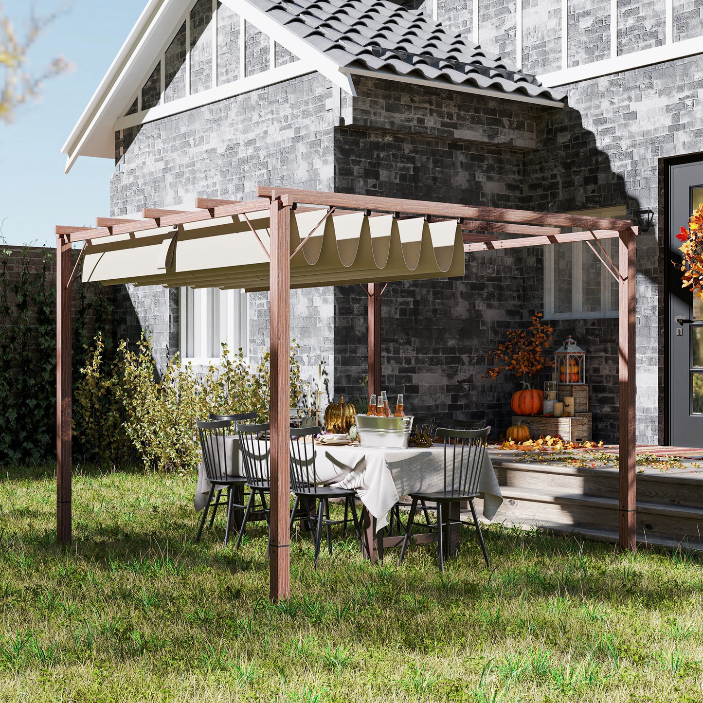 3 x 3(m) Aluminium Garden Pergola with Retractable Roof, Natural