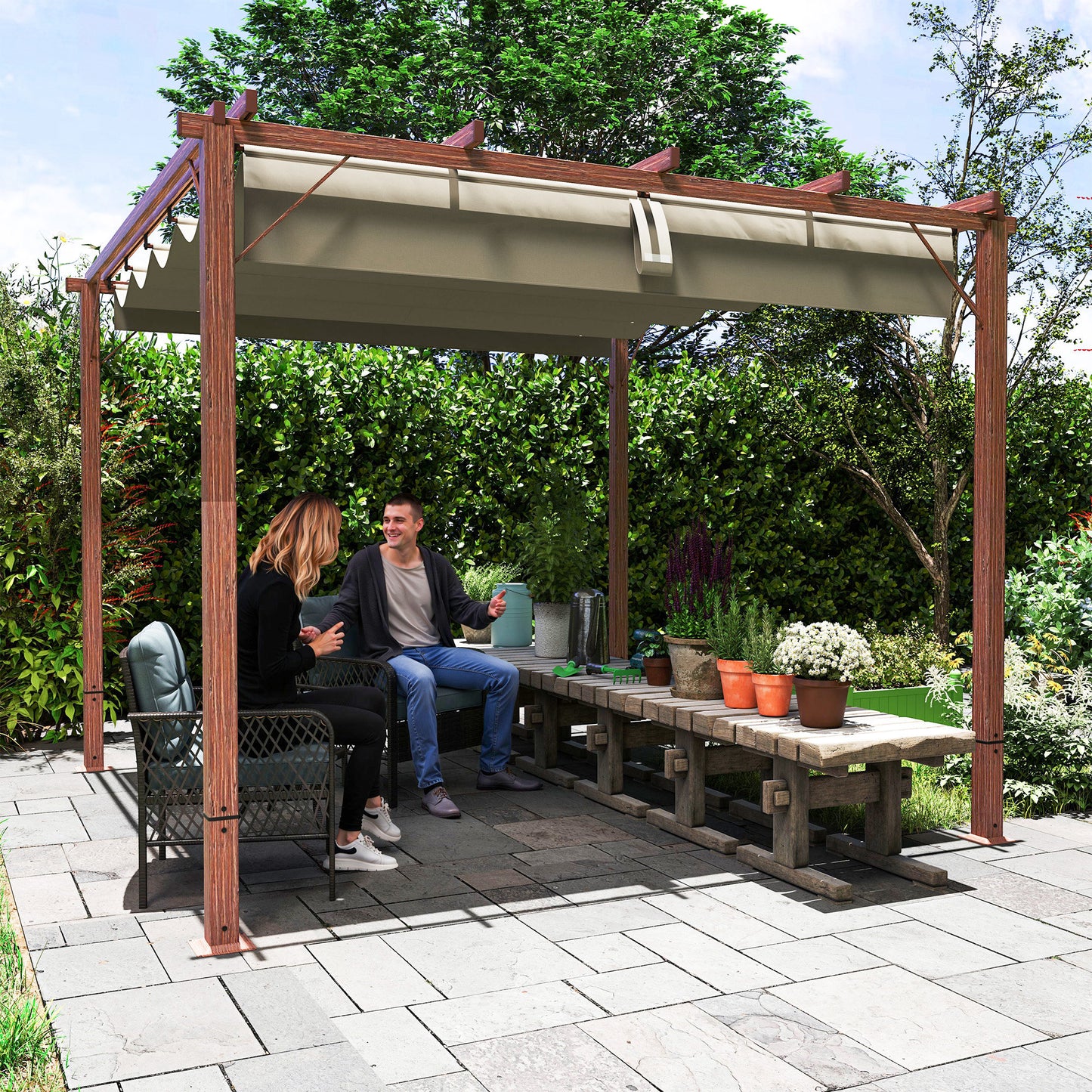 3 x 3(m) Aluminium Garden Pergola with Retractable Roof, Natural