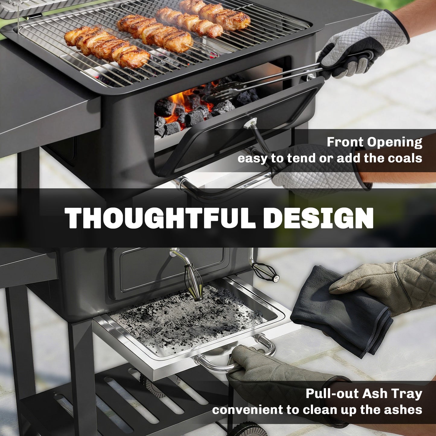 Charcoal BBQ Grill, Large Barbecue Grill Smoker with Wheels, Black
