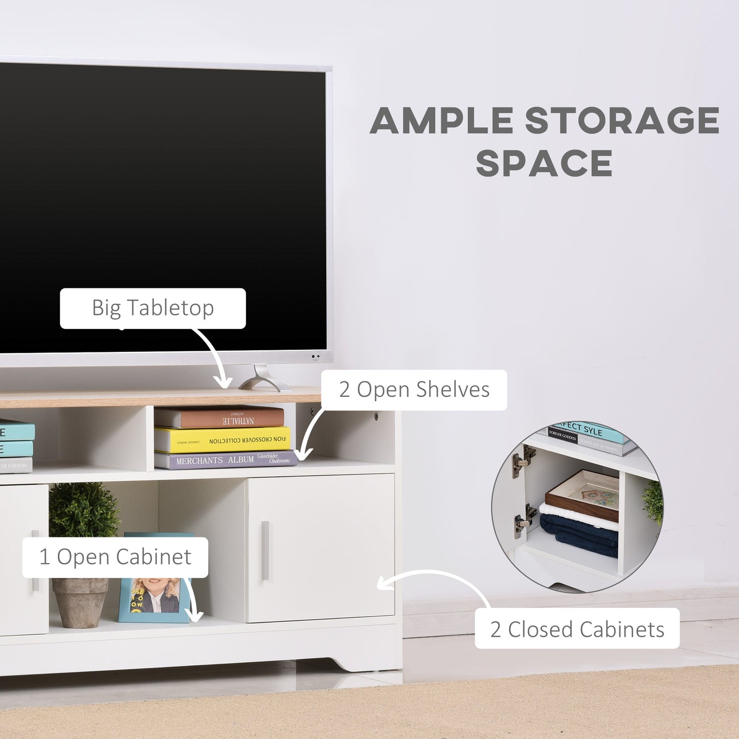 TV Stand for TVs up to 42 Inches with Cabinets, Shelves and Wide Tabletop for Living Room, Bedroom, Dining Room, White and Wood Color