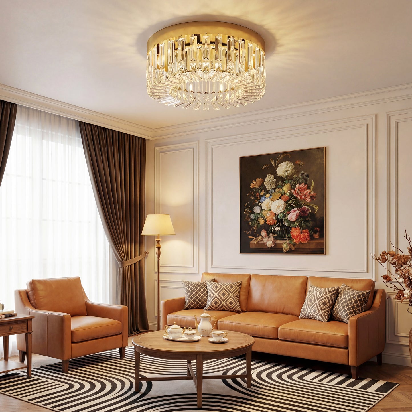 Crystal Ceiling Light with 225 Crystal Pendants, Gold Tone