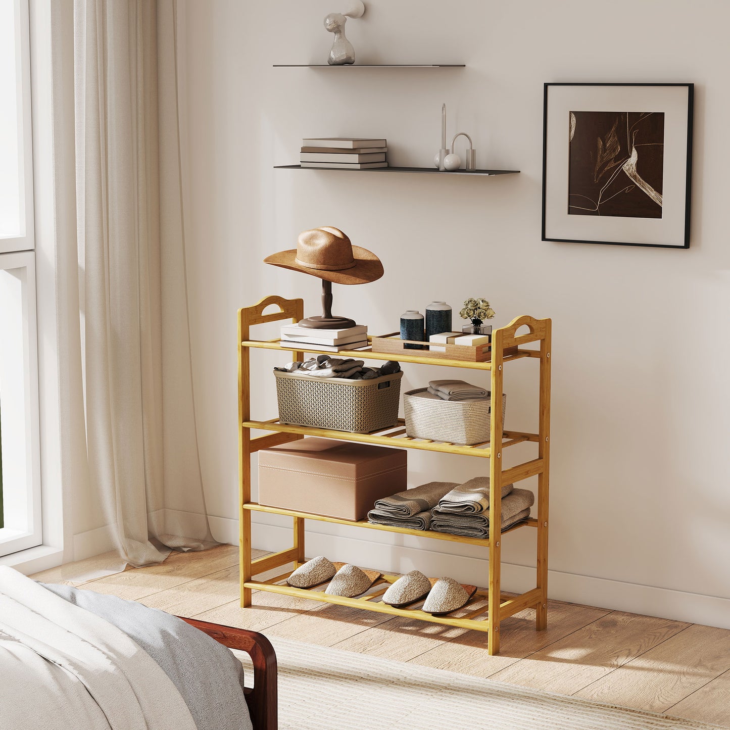 4-Tier Shoe Rack, Bamboo Shoe Shelf Stand, Natural Wood Finish