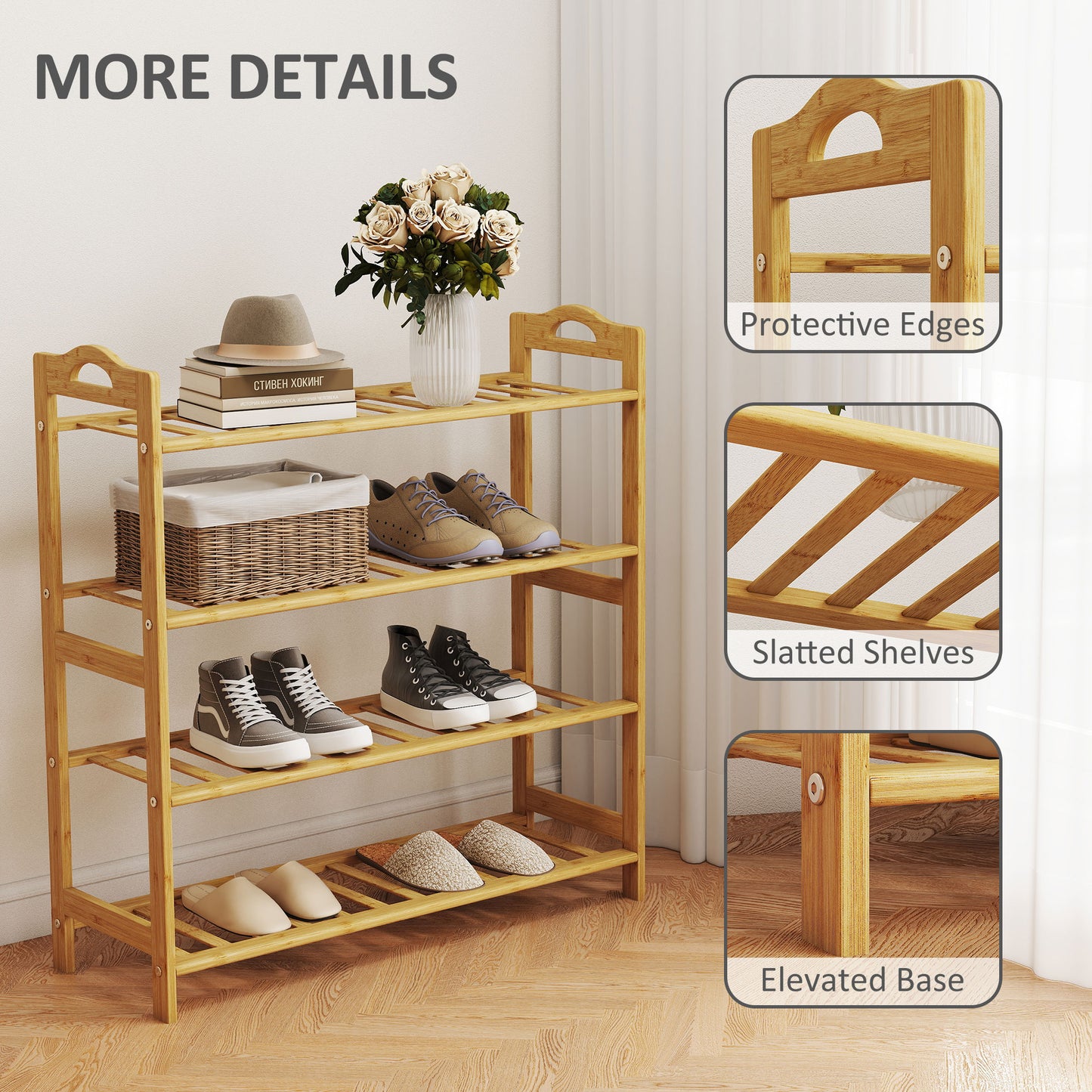 4-Tier Shoe Rack, Bamboo Shoe Shelf Stand, Natural Wood Finish