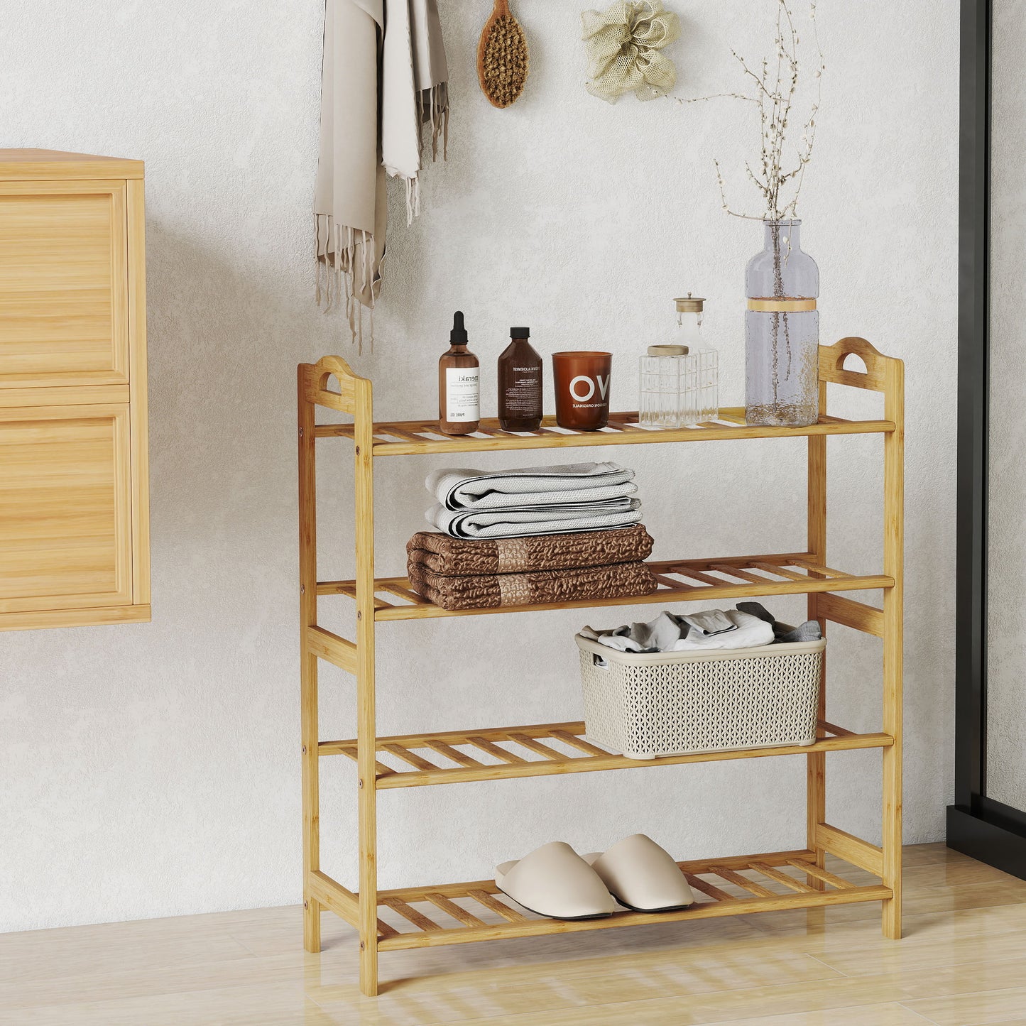 4-Tier Shoe Rack, Bamboo Shoe Shelf Stand, Natural Wood Finish