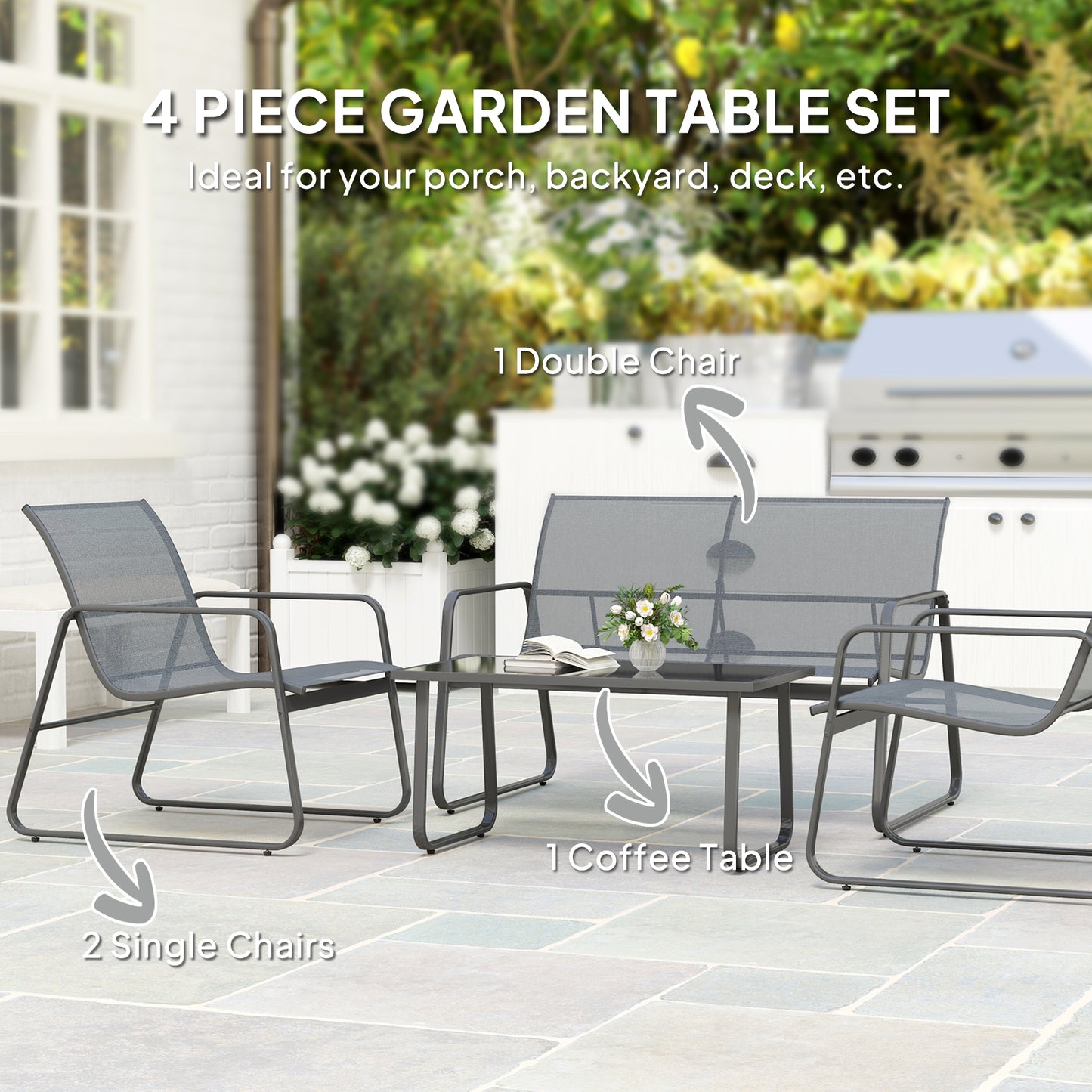 4 Piece Garden Furniture Set Patio Sofa Set w/ Chairs, Glass Top Table