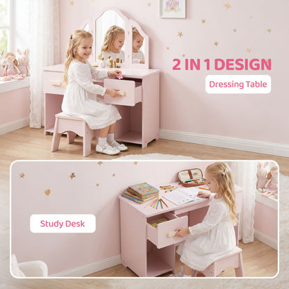 Kids Vanity Table and Chair Set with Tri-Folding Mirror for 3+