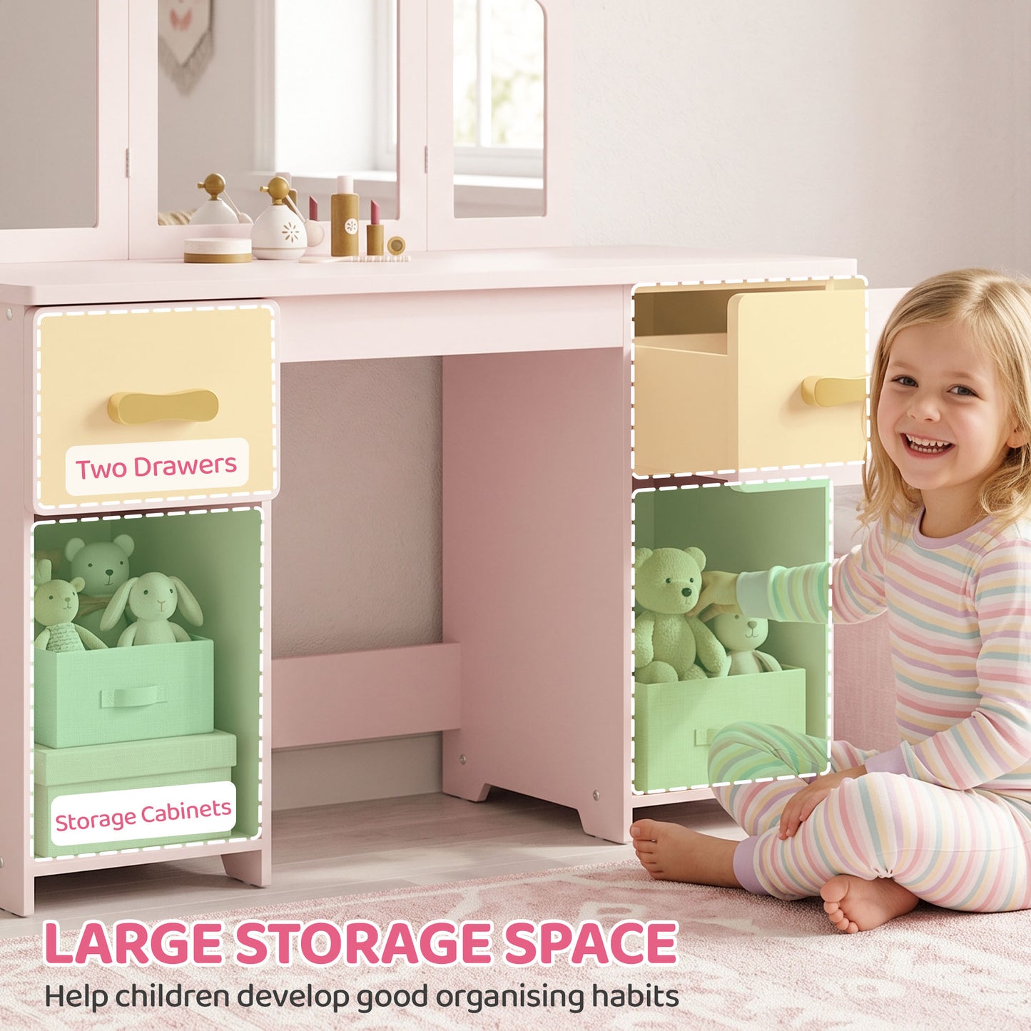 Kids Vanity Table and Chair Set with Tri-Folding Mirror for 3+