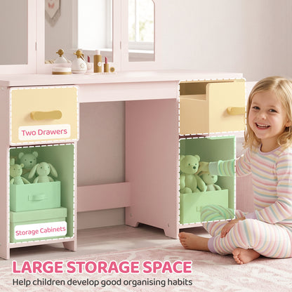 Kids Vanity Table and Chair Set with Tri-Folding Mirror for 3+