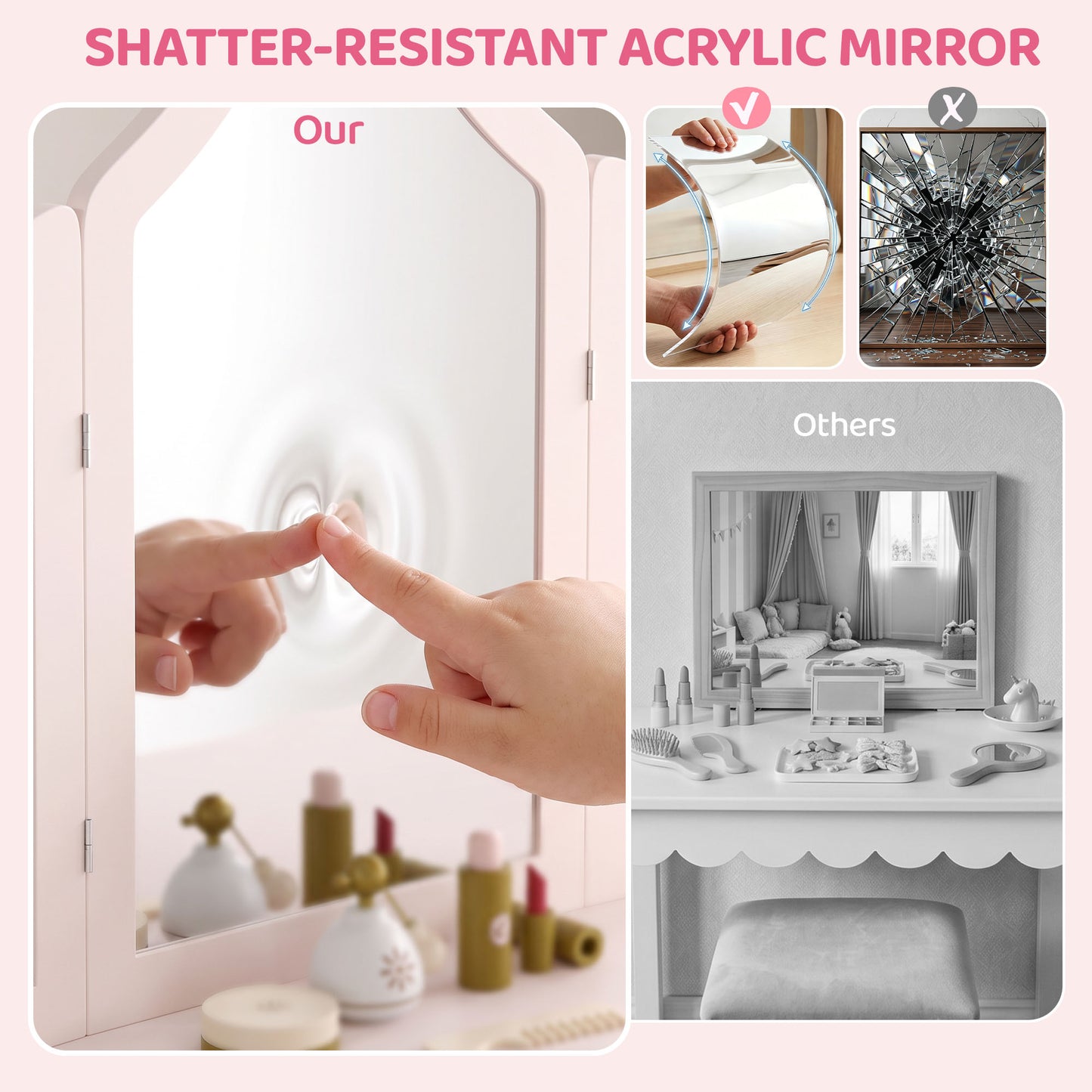 Kids Vanity Table and Chair Set with Tri-Folding Mirror for 3+