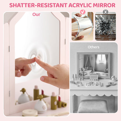 Kids Vanity Table and Chair Set with Tri-Folding Mirror for 3+
