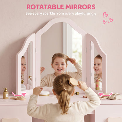 Kids Vanity Table and Chair Set with Tri-Folding Mirror for 3+