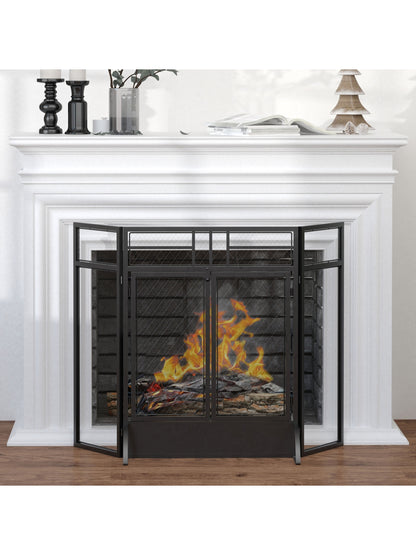 3-Panel Folding Freestanding Fireplace Screen with Door Metal Mesh, Black