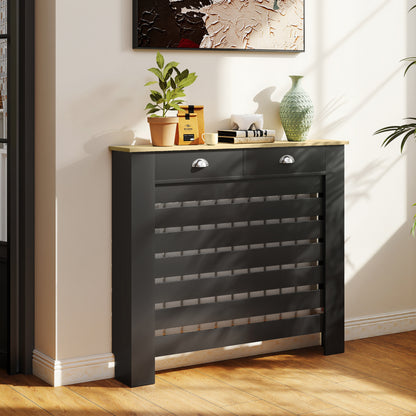Radiator Cover with Drawer, Horizontal Slat, 111cm, Black