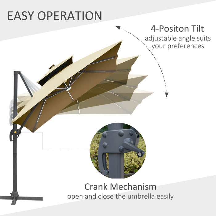 3m Cantilever Roma Parasol Adjustable Garden Sun Umbrella with Solar LED, Tilt and Crank Handle, Cross Base for Lawn, Khaki