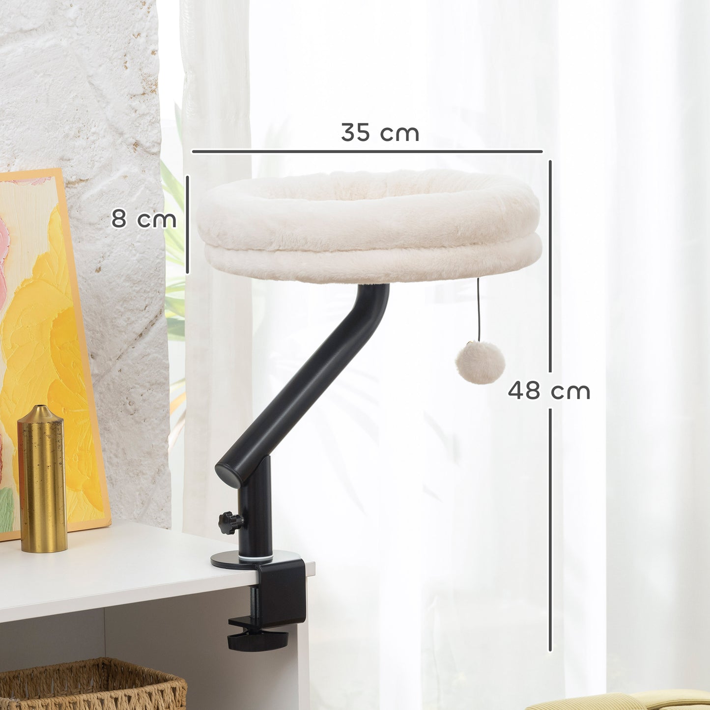 Cat Bed for Desk, 360° Rotatable Adjustable Elevated Cat Desk Bed, Comfortable Soft Plush Kitten Hammock Nest Machine-Washable, Cream White